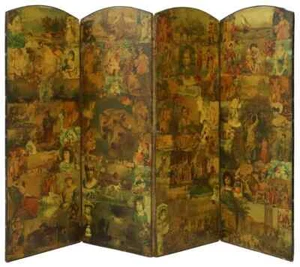 Antique Dressing Screen, Victorian, Decoupage Prints, Four-Panel Folding, 1800's - Picture 1 of 6