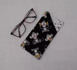 Soft Padded Glasses Case - Three Wise Monkeys Fabric - Black + White Specs Pouch - Picture 1 of 5