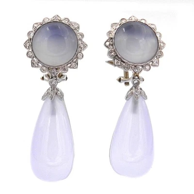 Lange Chalzedon Diamant Ohrringe als Ohrclips in 750 Weißgold L: 7cm - Bild 1 von 4