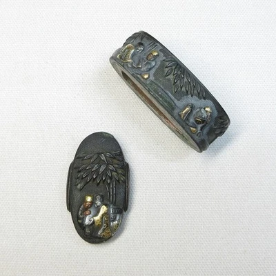B0420c: Par de cobre antiguo, real, de clase alta de FUCHI y Kashira para espada japonesa Foto 1 de 4