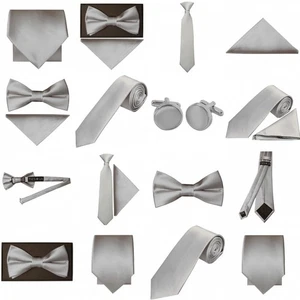 Silber Satin Hochzeit Krawatte Herren Kinder Fliege formell Abschlussball Seite Bräutigam Sets Singles - Bild 1 von 52