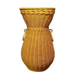 Cesta de flores de ratán de mimbre amarilla tejida a mano primitiva de colección núcleo de cabaña 12"x9" - Imagen 1 de 6