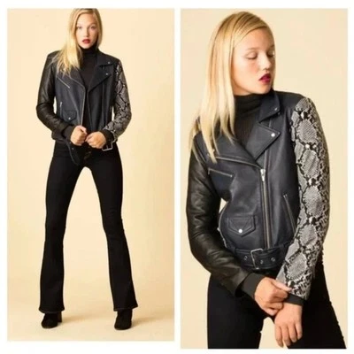 NWT $1100 Veda Jayne Black/Navy/ Snake Print Leather Belted Moto jacket Large - Image 1 of 4