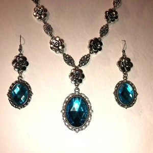 JUEGO DE COLLAR CHAPADO EN PLATA TURQUESA MEDIA FILIGRANA CAMELLIA ESTILO VICTORIANO CFS - Imagen 1 de 7