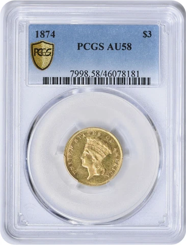 1874 $3 Gold AU58 PCGS Cover