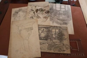 fünf tolle alte Handzeichnungen  des Soldaten W. Sauer - in Schlesien ?? 1915 - Picture 1 of 13