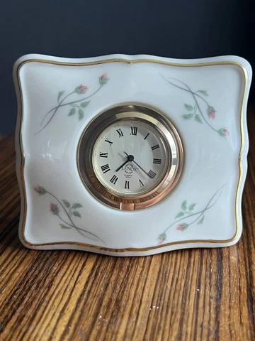 Lenox Rose Manor Small Porcelain Desk Clock With Gold Trim & Flowers Cover