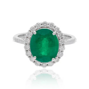 4.45 TCW Zambian Emerald Oval Halo Ring H/SI Round Diamond 18k White Solid Gold - Picture 1 of 9