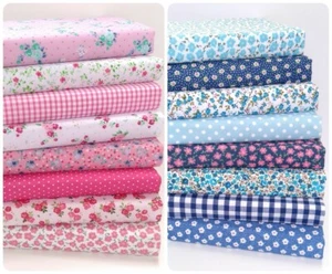 DITSY FLORAL POLY COTTON SEWING FABRIC BUNDLE 8 FAT QUARTERS / SQUARES PINK BLUE - Picture 1 of 1