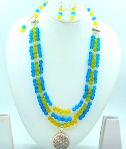 Conjunto de joyas collar en capas de cuarzo hidro limón y azul con colgante y pendientes - Imagen 1 de 8