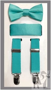Turquoise Blue NEW Boy's Clip Suspender Bow tie & Pocket Square 3 pieces set - Picture 1 of 1