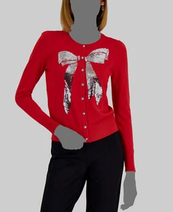 $49 Charter Club Women Red embellished Sequin-Graphic Cardigan Petite Size PXL - Picture 1 of 3