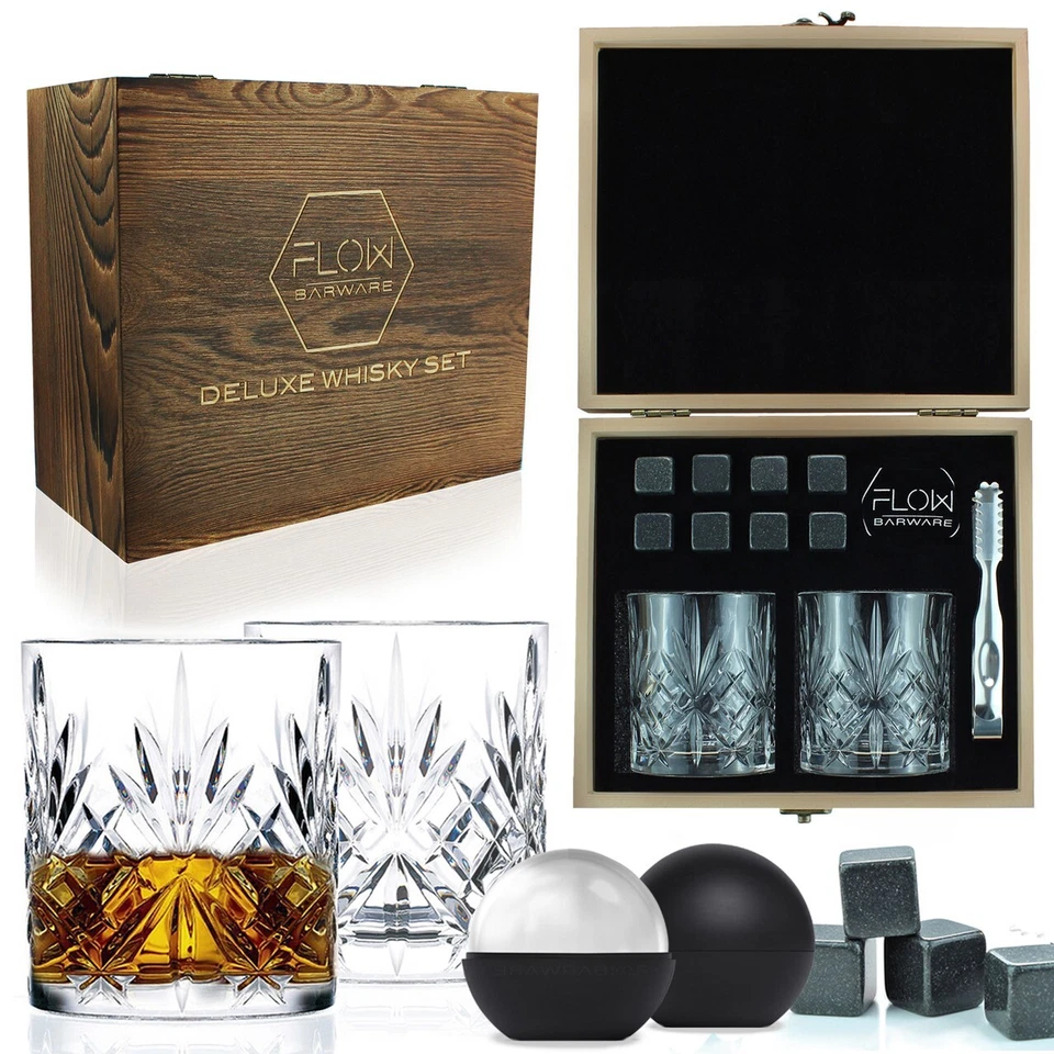 Whisky Glasses Gift Set, Whisky Stones, Ice Ball Moulds, Ice Tongs, Gift Box - Image 1 of 4