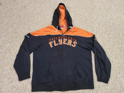 Philadelphia Flyers Sweater Mens Large Orange Blue NHL Hockey Hooded Sweatshirt Cover