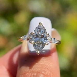 Marquise Cut Diamond Engagement Ring 14K Yellow Gold Solitaire with Side Stones - Picture 1 of 7