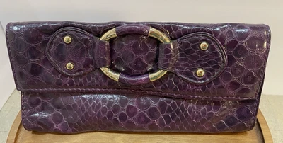 Gianni Bini Purple Faux Leather Croc Embossed Clutch Handbag Gold Tone Detail - Image 1 of 4