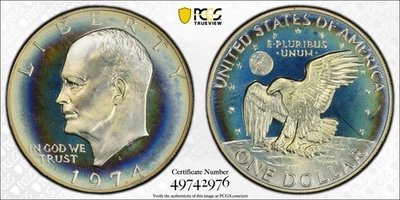 1974-S $1 PCGS PR68CAM SILVER 1974 S EISENHOWER DOLLAR BEAUTIFUL RAINBOW TONING - Image 1 of 3