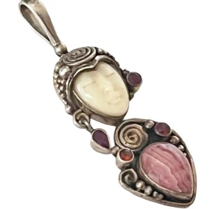 925 Silver Sajen Goddess Necklace PENDANT Ruby Garnet & Rhodochrosite Gemstones - Picture 1 of 7