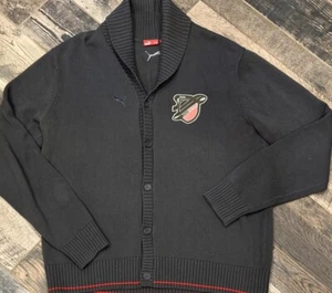 PUMA Mens Button CARDIGAN SWEATER Shawl Collar Gray Patch Grandpa Cottagecore L - Picture 1 of 7