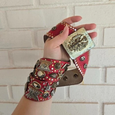 vtg 80s 90s Lily Farouche Metal Coin, Leather Belt, Red, Silver studded, medium - Image 1 of 4