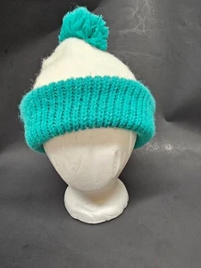 Hand Knit Cap Cozy Warm Pom Winter Hat White And Green Unisex Adult - Picture 1 of 9