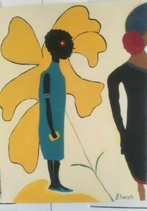 African American Art Women Sisters  11x14 Poster Oil -Acrylic Blue Yellow Red - Picture 1 of 1