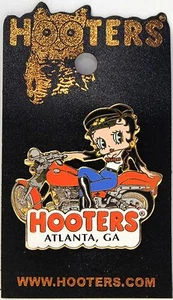 RARE GOLD TONE ATLANTA,GA HOOTERS BETTY BOOP GIRL MOTORCYCLE BIKE LAPEL PIN - Picture 1 of 4