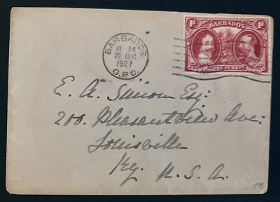 Estampilla de un centavo de cubierta de Barbados de 1927 para Louisville KY Estados Unidos Foto 1 de 2