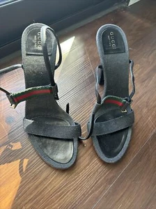 Gucci Denim Black Fabric And Leather Cross Strap Sandals - Picture 1 of 8