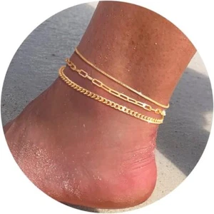 Ankle Bracelets Layered Glitter Waterproof 14K Gold Plated Layered Moon Pendant - Picture 1 of 7