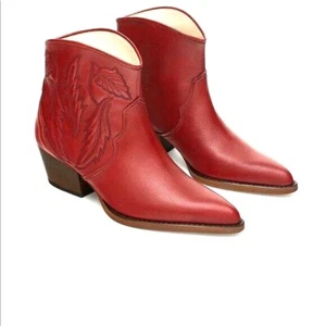 NWT ZARA RED WESTERN COWBOY EMBROIDERED LEATHER ANKLE BOOTS PINTEREST $189 - Picture 1 of 12