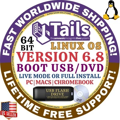 TAILS 6.8 LINUX OS Bootable USB Flash Drive, 64-Bit, Works on Mac & Windows PC - Image 1 of 4