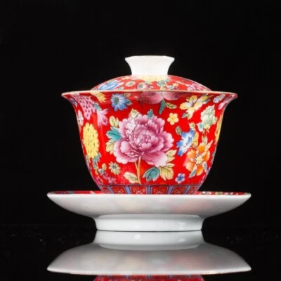 Taza artesanal esmalte color Gaiwan porcelana vendida en pérdida cuenco peonía relieve tureen Foto 1 de 4