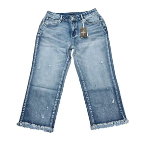 Flamingals Women's High Waist Straight Raw Hem Capri Blue Jeans Size XL - Picture 1 of 9