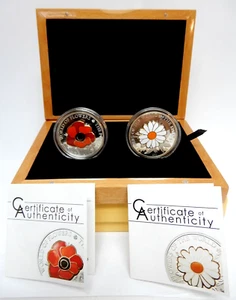Cook Islands 2011/2009 Cloisonné Pansy &Daisy $5 Silver Proof Coin Set Boxed COA - Picture 1 of 10