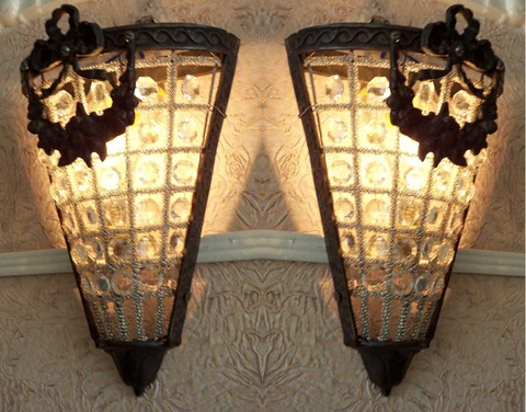 2 Antique Replica Crystal Basket Brass Bird Cage Triangle Wall Sconces Appliques Cover