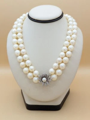 9.0 MM Double Strand Pearl Necklace With a 14kt White Gold Diamond C (LP2117571) - Image 1 of 4