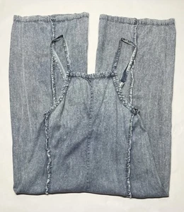 Mineral Wash Blue Jean Denim Wide Leg Frayed Loose Fit Jumpsuit Sz M Boho Grunge - Picture 1 of 24