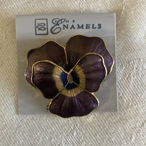 Pansy Brooch 22k Gold Purple Enamel Flower Modern MOD Fish & Crown Pin Vtg NWT - Picture 1 of 12