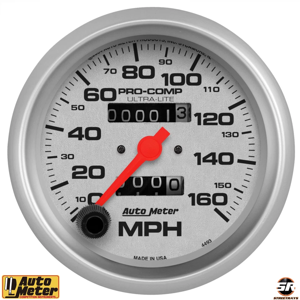 Autometer Ultra Lite In Dash Mechanical SIlver 3 3/8" 160 MPH Speedometer Speedo - Image 1 of 1