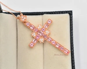 Natural Pink Tourmaline 925 Sterling Silver Cross Pendant Necklace Wedding Gift - Picture 1 of 6