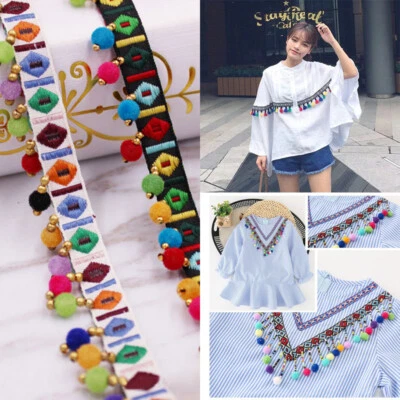 10yds Pompom Tassel Lace Trim Embroidery Ribbon Beads Fabric Sewing 0.39'' Width - Image 1 of 4