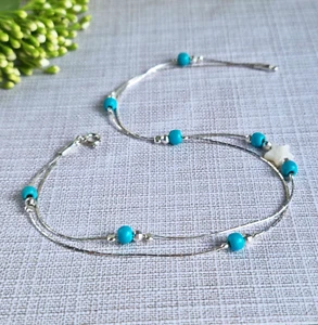 ANKLET 925 Sterling Silver TURQUOISE Chain Ankle Bracelet Mother of Pearl Star - Picture 1 of 5