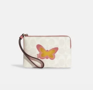 Coach Corner Zip Wristlet In Signature Canvas With Butterfly- White Multi - Picture 1 of 7