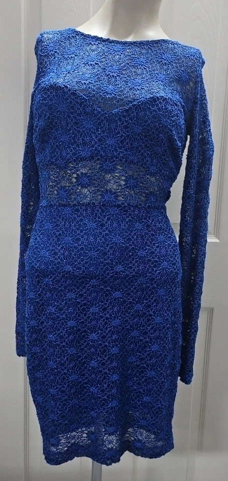 Vestido de cóctel ceñido al cuerpo de encaje de ganchillo azul místico vintage para mujer talla M Foto 1 de 4