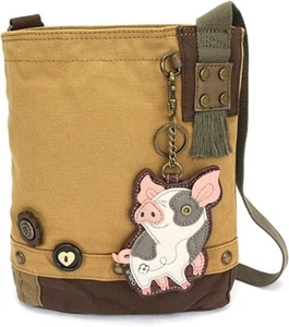 New Chala Patch Crossbody Brown Bag Canvas gift School Work SPOTTED PINK PIG gif - Picture 1 of 5