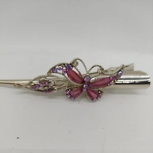Abrazadera larga con clip de pelo de mariposa y piedras de color plateado y púrpura vintage - Imagen 1 de 8
