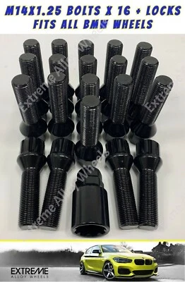 Se adapta a pernos de rueda negros BMW + cerraduras X1 X3 X4 X5 X6 modelos serie M14 x 1,25 40 mm Foto 1 de 2