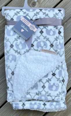 Blankets & Beyond Gray Elephant Tapestry Baby Blanket White Sherpa Fleece New - Image 1 of 4