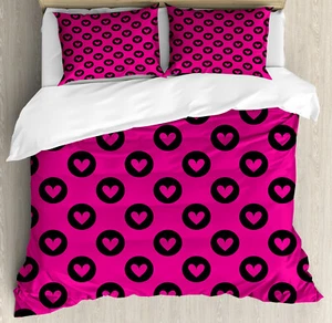 Hot Pink Duvet Cover Set with Pillow Shams Hearts Big Black Spots Print - Picture 1 of 8